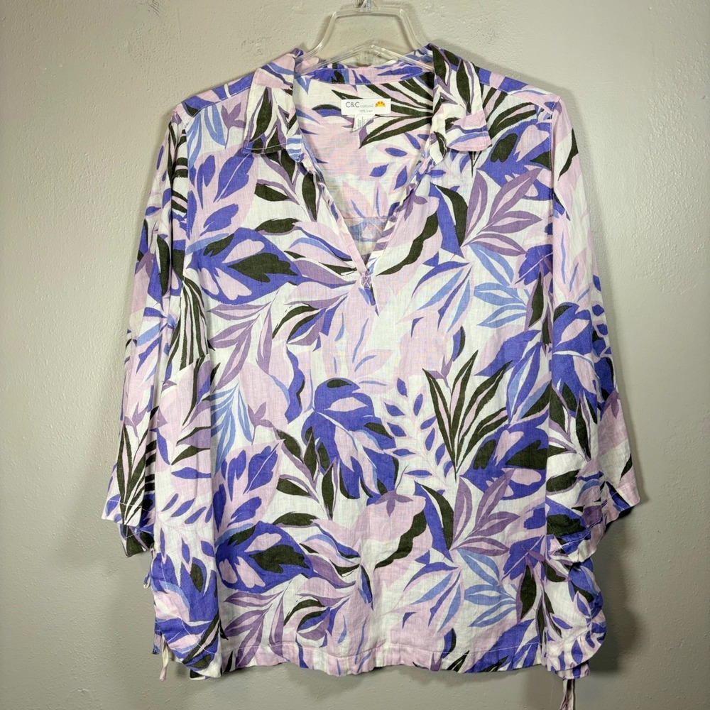 C&C California 100% Linen Tropical Leaf Print V-Neck Tie Side Blouse Purple 3X
